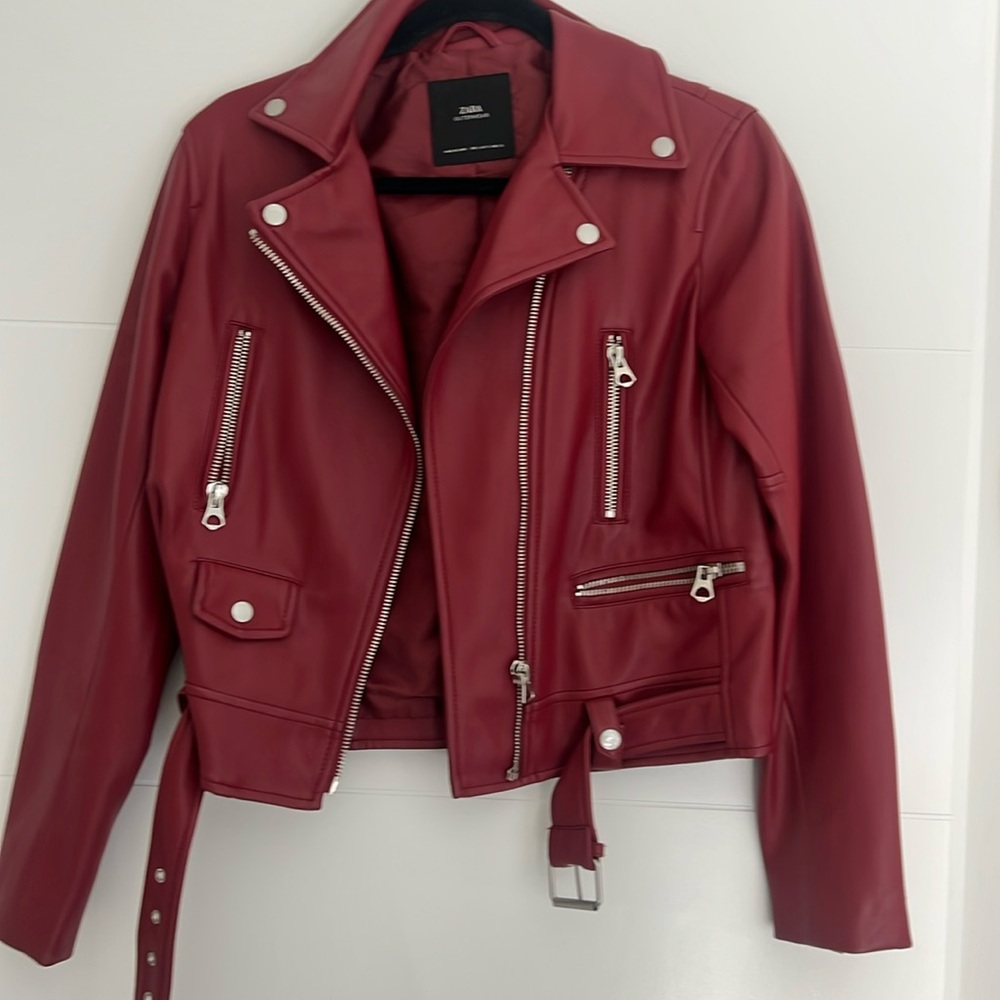 Zara Cherry Faux Leather Jacket Sz S EUC